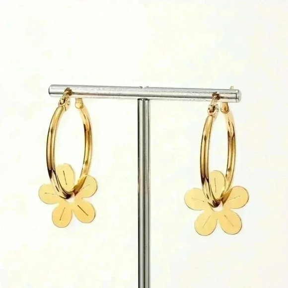 Japanese/ Korean Flower Stainless Steel Hoop Earrings - Picture 4 of 4